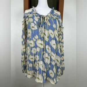 Cato Plus Size Floral Blouse 18/20W Blue Flowy Lightweight Casual Top Ruffle